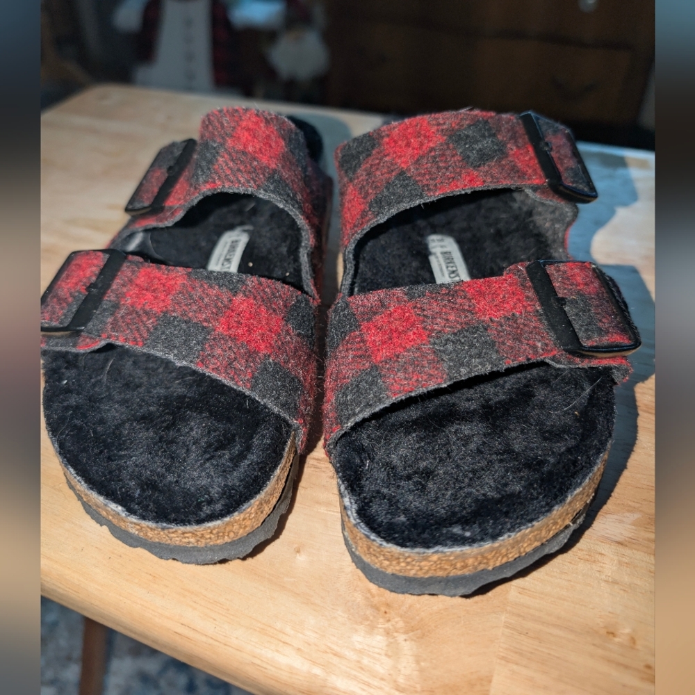 Birkenstock Arizona Shearling Plaid Sandals - Picture 7 of 8